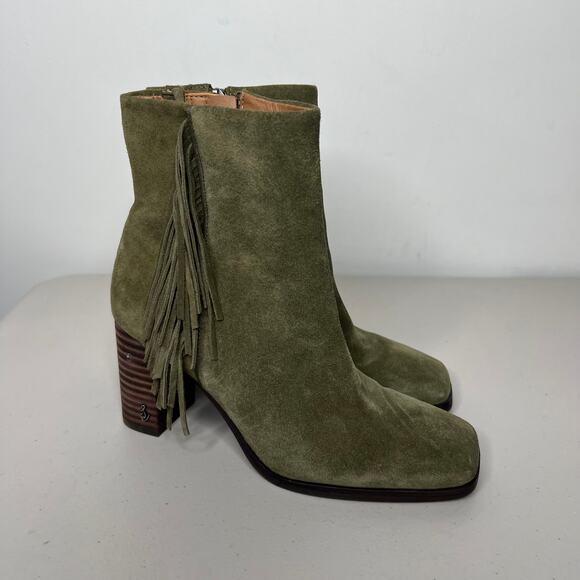 Sam Edelman Ona Olive Green Suede Fringe Square Toe Bootie Size 6.5 - Picture 2 of 9